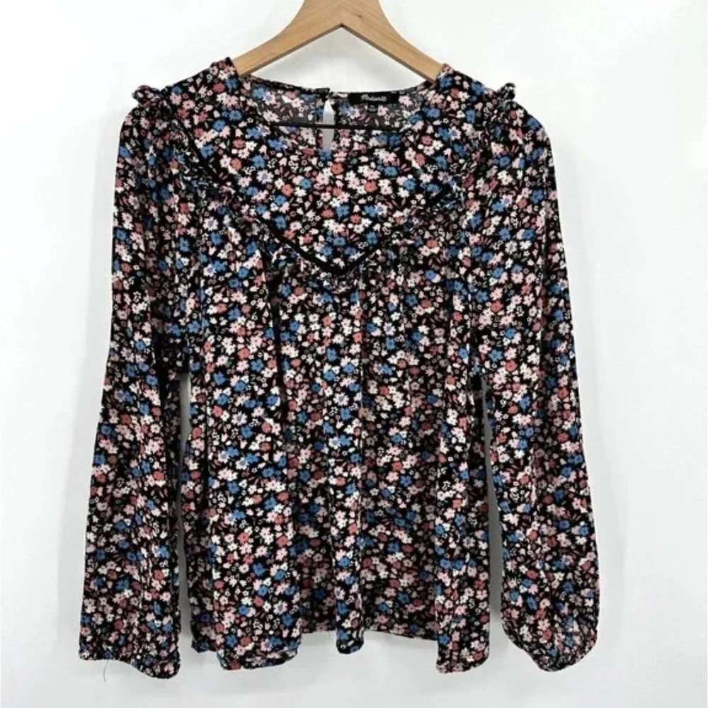 Madewell Ruffle-Yoke Puff Sleeve Prairie Top Spring Prairie Black Floral Size XL